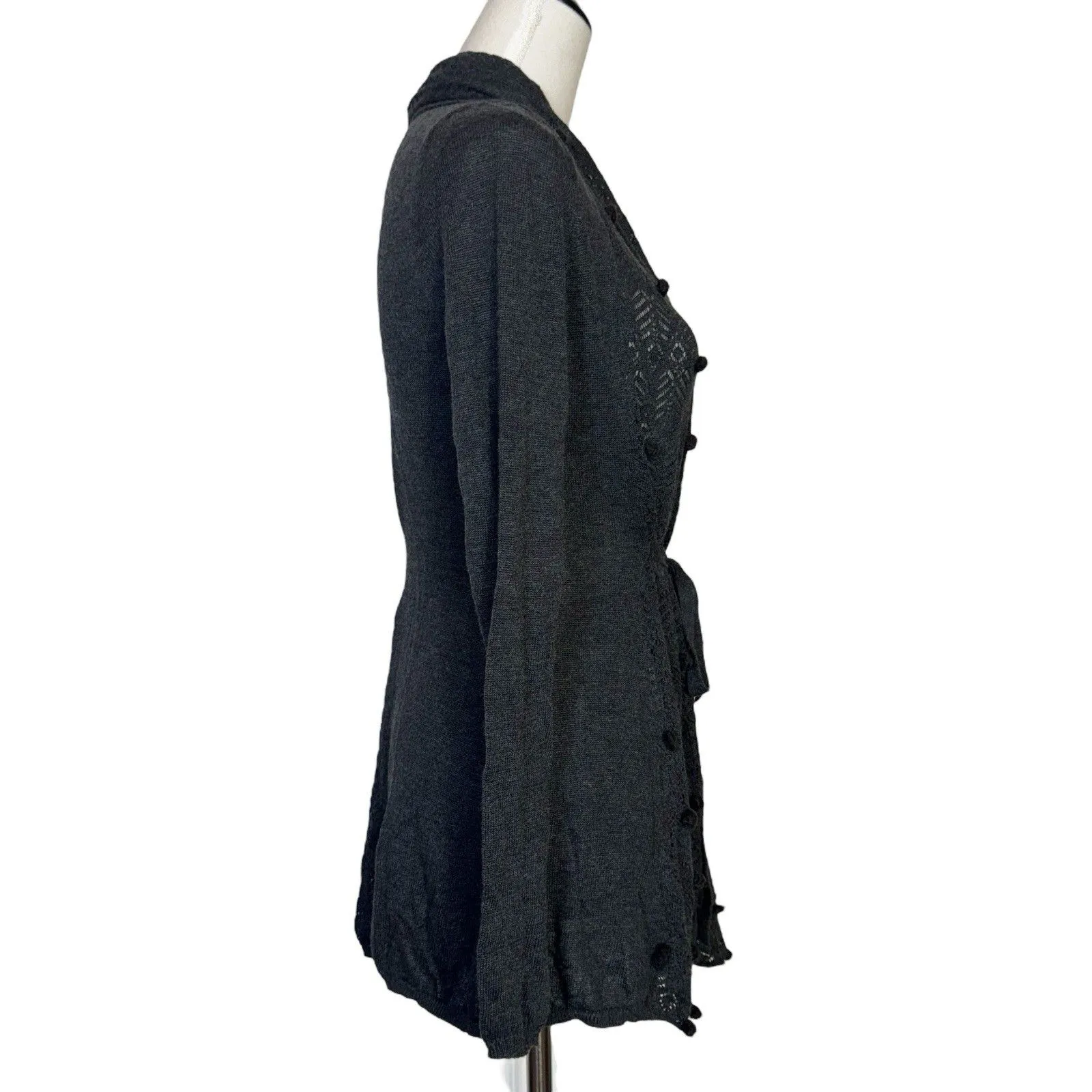 Anthropologie Knitted & Knotted Silk Blend Tie Waist Cardigan XS Gray Whimsigoth - Image 2