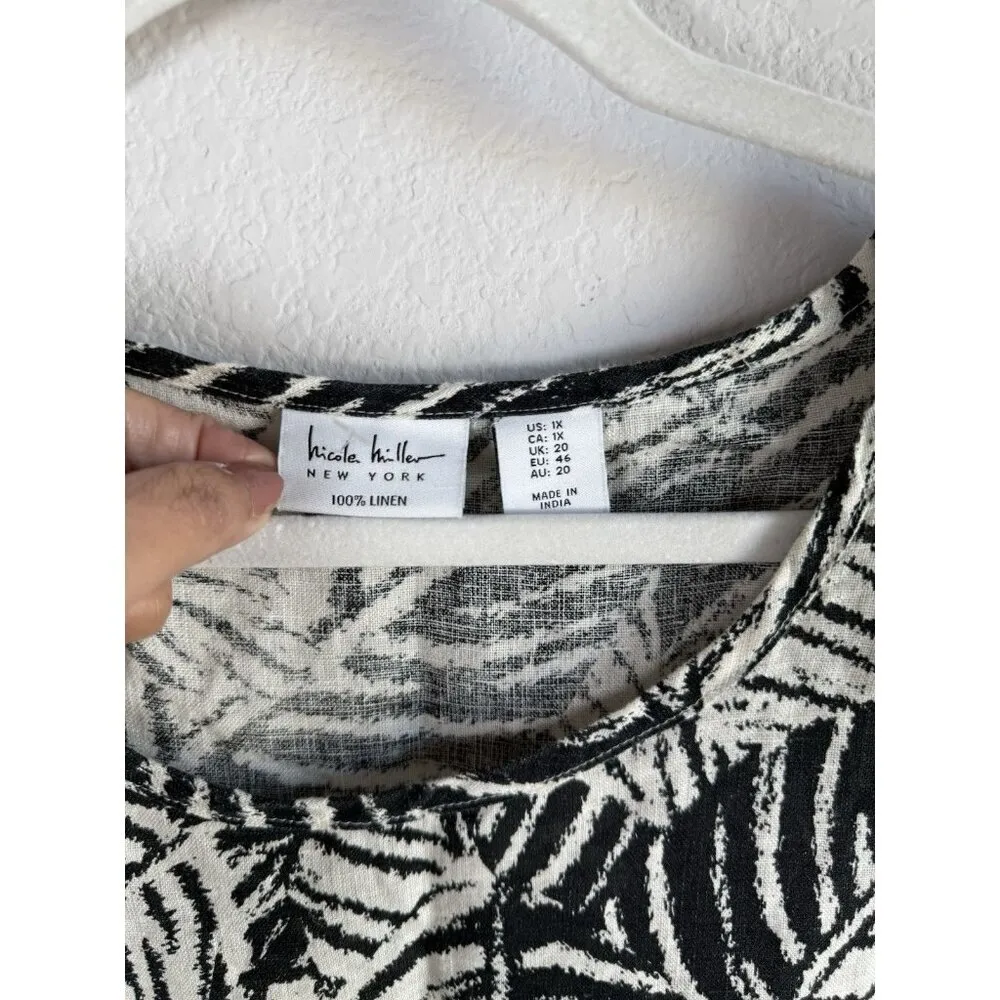Nicole Miller 100% Linen Black Palm Print Top Size 1X Tropical Coastal Lagenlook - Image 4
