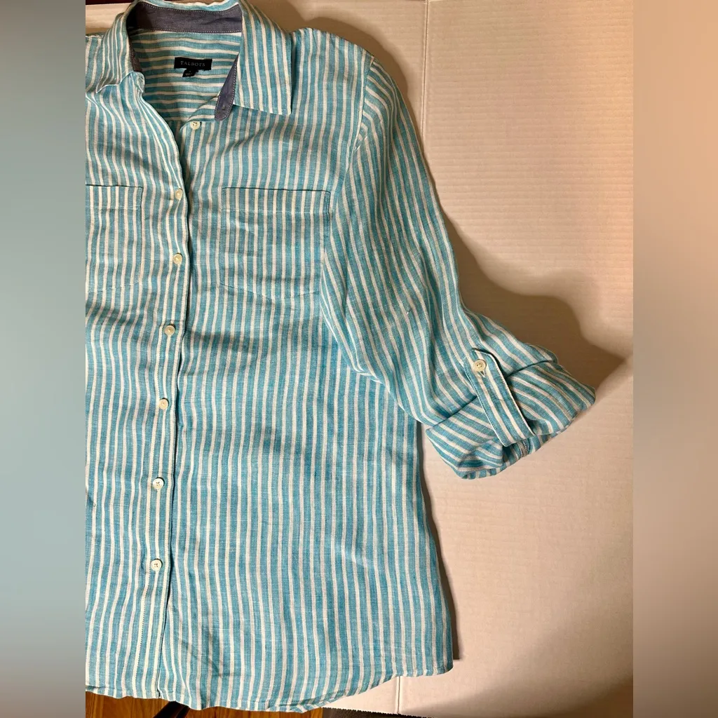 Talbots striped linen button up long sleeve small white and baby blue collared‎ - Image 10