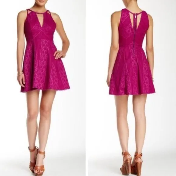 Free People Mini Dress 10 Miss Connections Lace Fuchsia Fit Flare Cocktail Party - Image 2