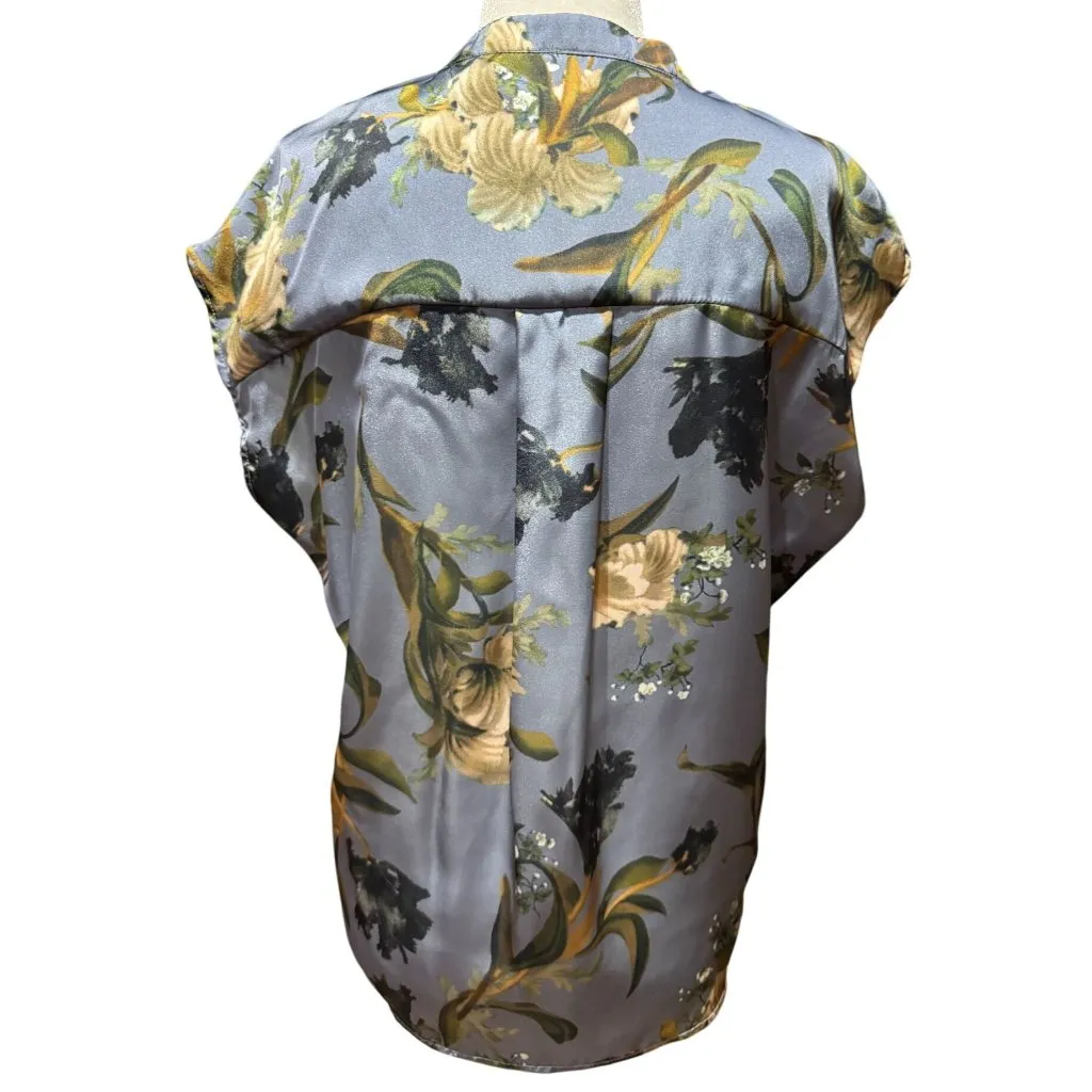 Elie Tahari Womens Floral Satin Top Party Blouse Size S Gray Blue Short Sleeve - Image 5