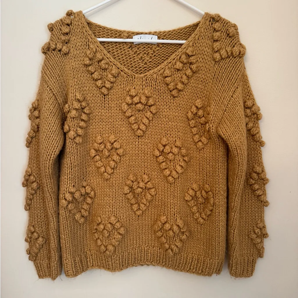 ChicWish Heart Knit Your Love V-Neck Sweater Size S/M Tan Chunky Bobble Pullover - Image 1