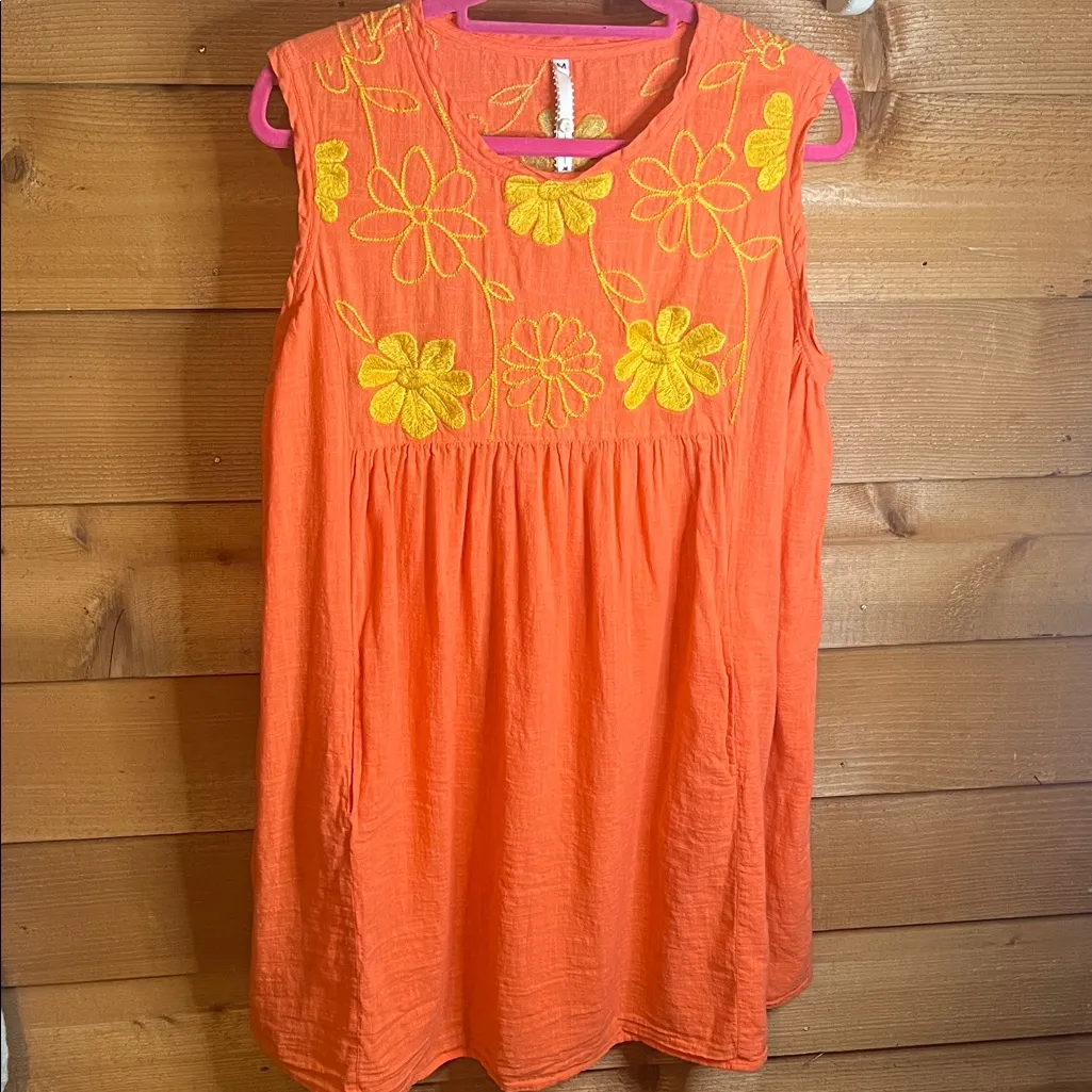 Uncle Frank Anthropologie Orange Coral Floral Embroidered Babydoll Dress M/L - Image 2