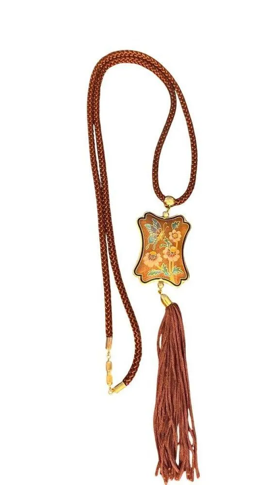 Vtg 60s Cloisonné Guilloché Enamel Butterfly Flowers Oriental Pendant Tassel Cor - Image 4