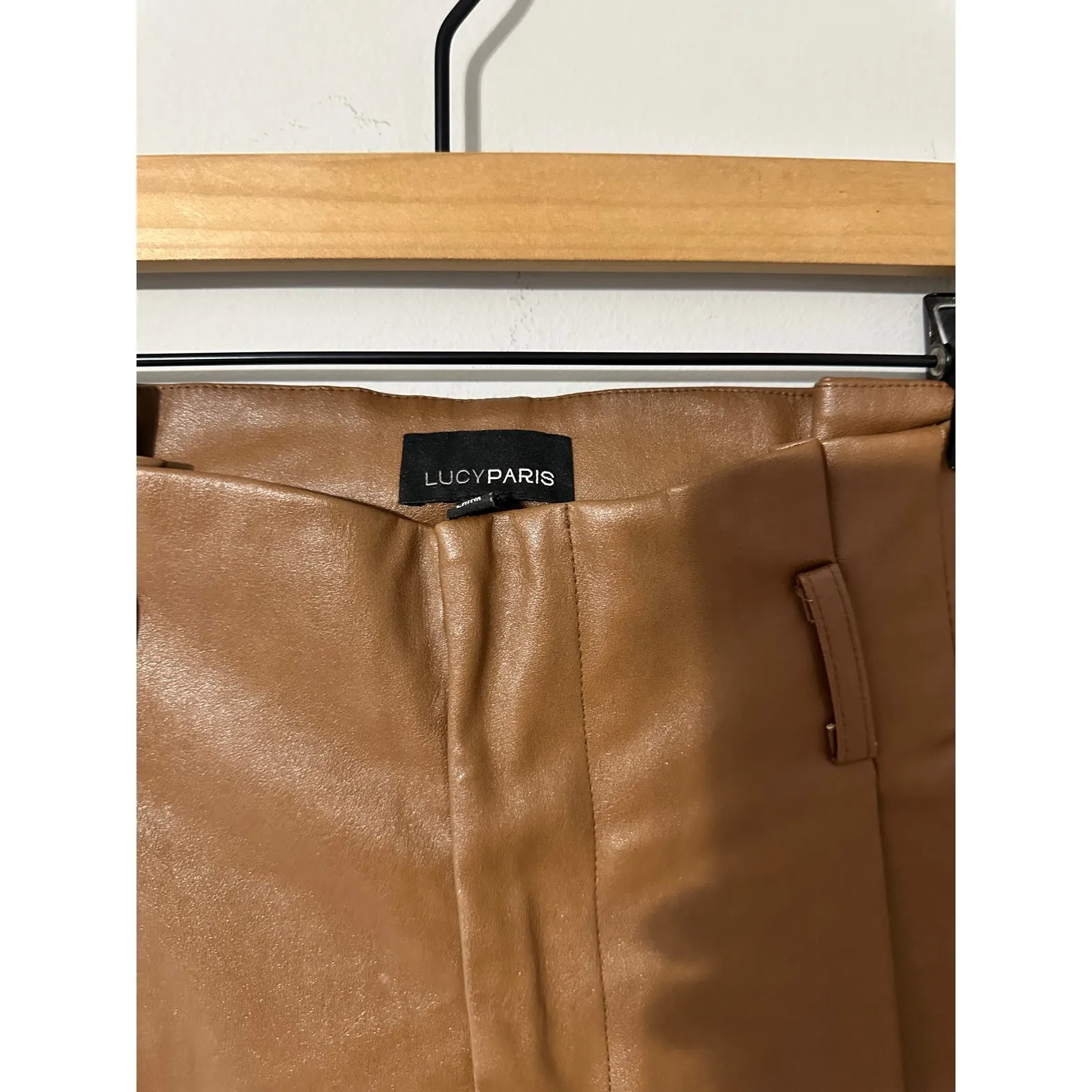 Lucy Paris Faux Leather‎ Tailored Paper bag Trousers Camel Brown Pleated Size M - Image 3