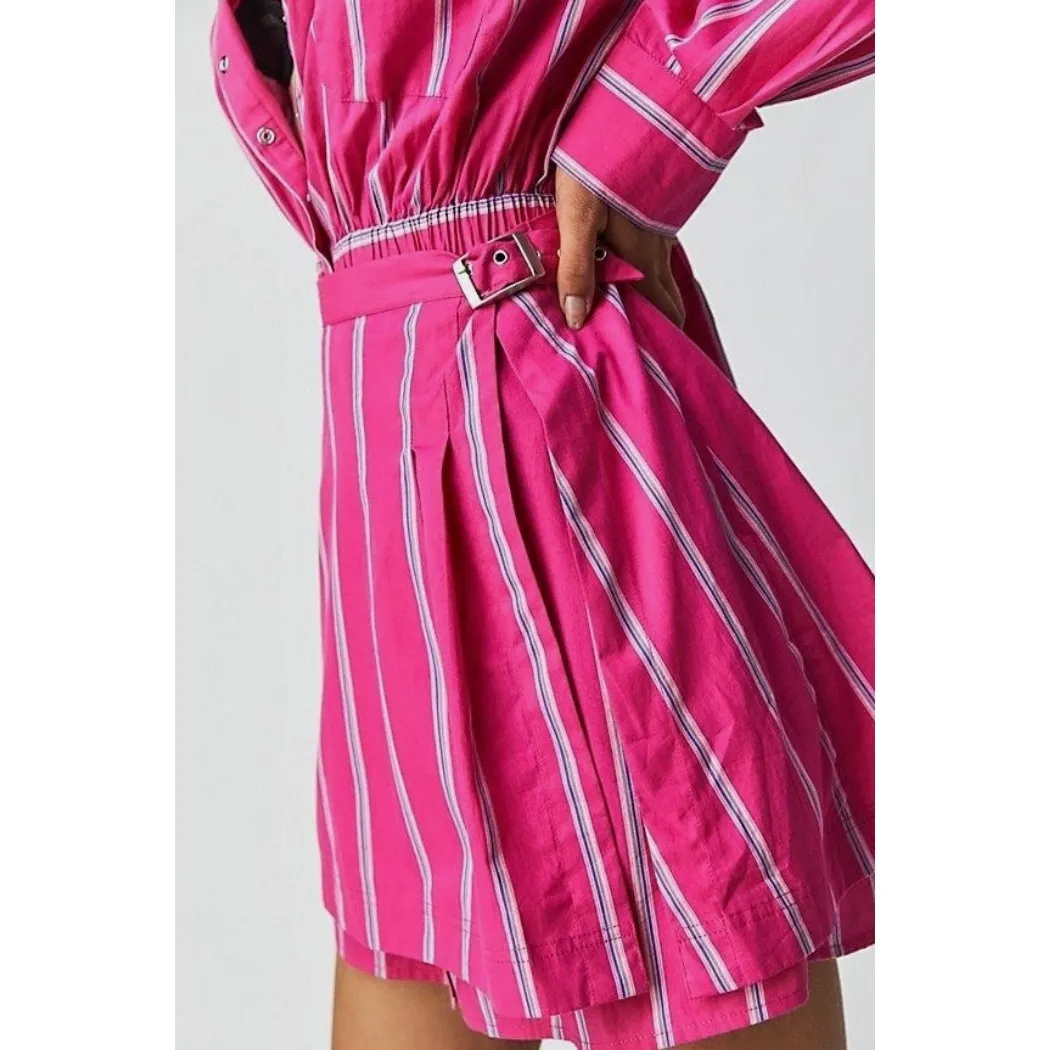 Free People High Vibrations Mini Shirt Dress Womens Medium Pink Stripe Preppy - Image 3
