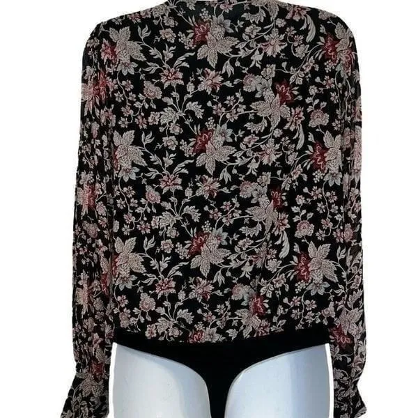 EXPRESS Pleated V-Neck L/S Black Semi‎ Sheer Floral Bodysuit EUC Size XS - Image 8