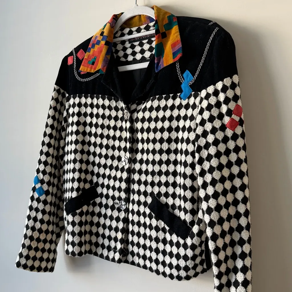 Vintage Canvasbacks Harlequin Jacket Rare Art Wear 80s 90s Y2K Fashion Sz Small Black - Image 2