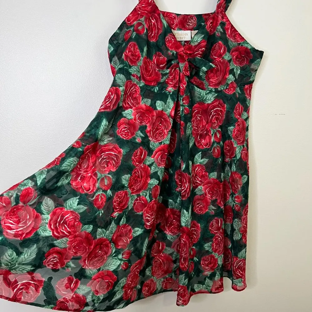 Vintage Victoria's Secret Gold Label Red Green Floral Tank Nightgown Night Shirt - Image 3