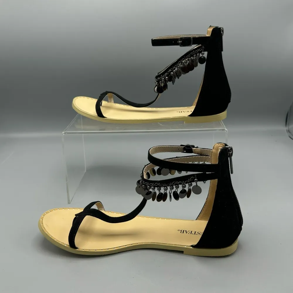 Just Fab Black Savlana Embellished T-Strap Sandals Women's Sz 10 Zipper Back - Image 3