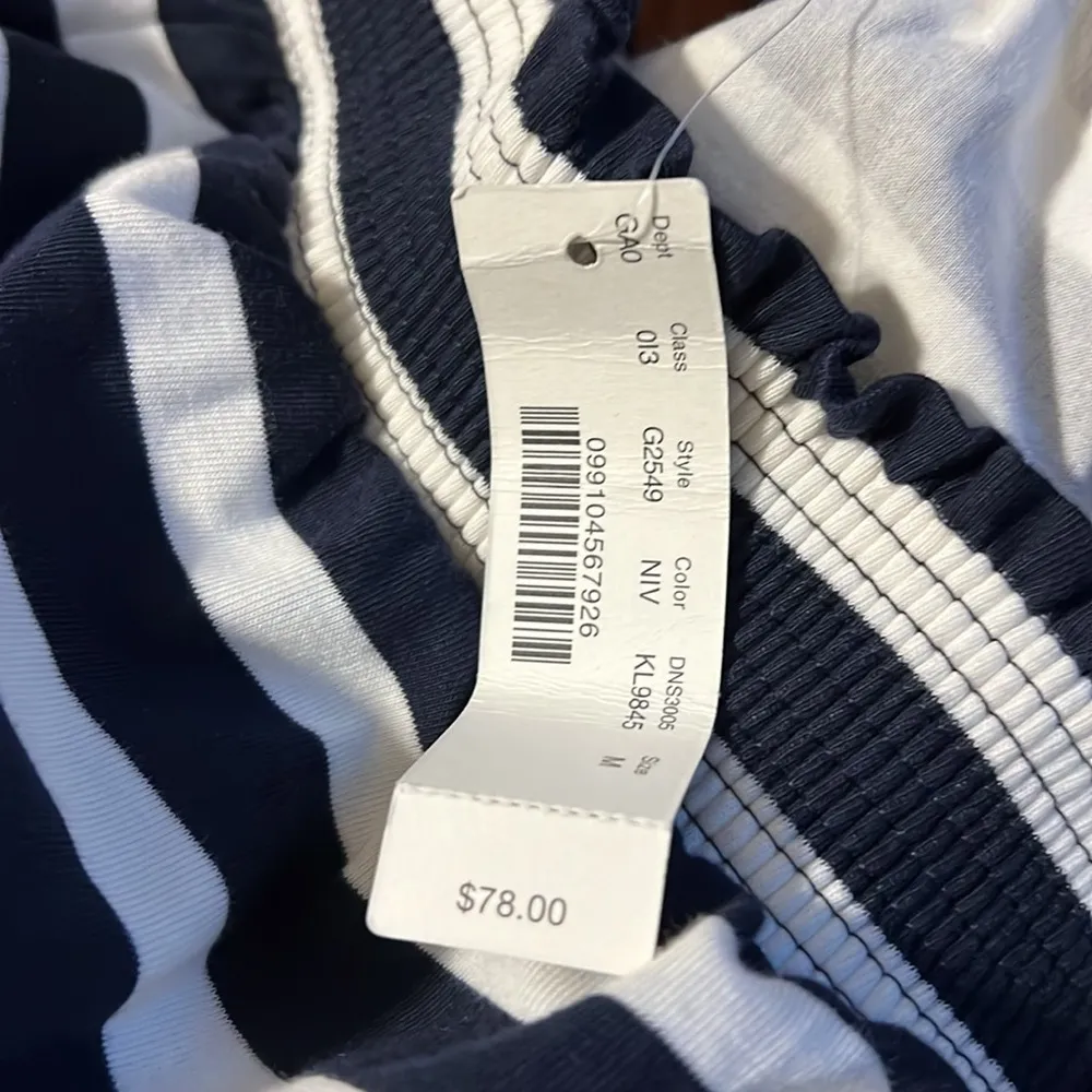 J. CREW women’s medium off the shoulder dark blue stripe top bow sleeve detail - Image 6