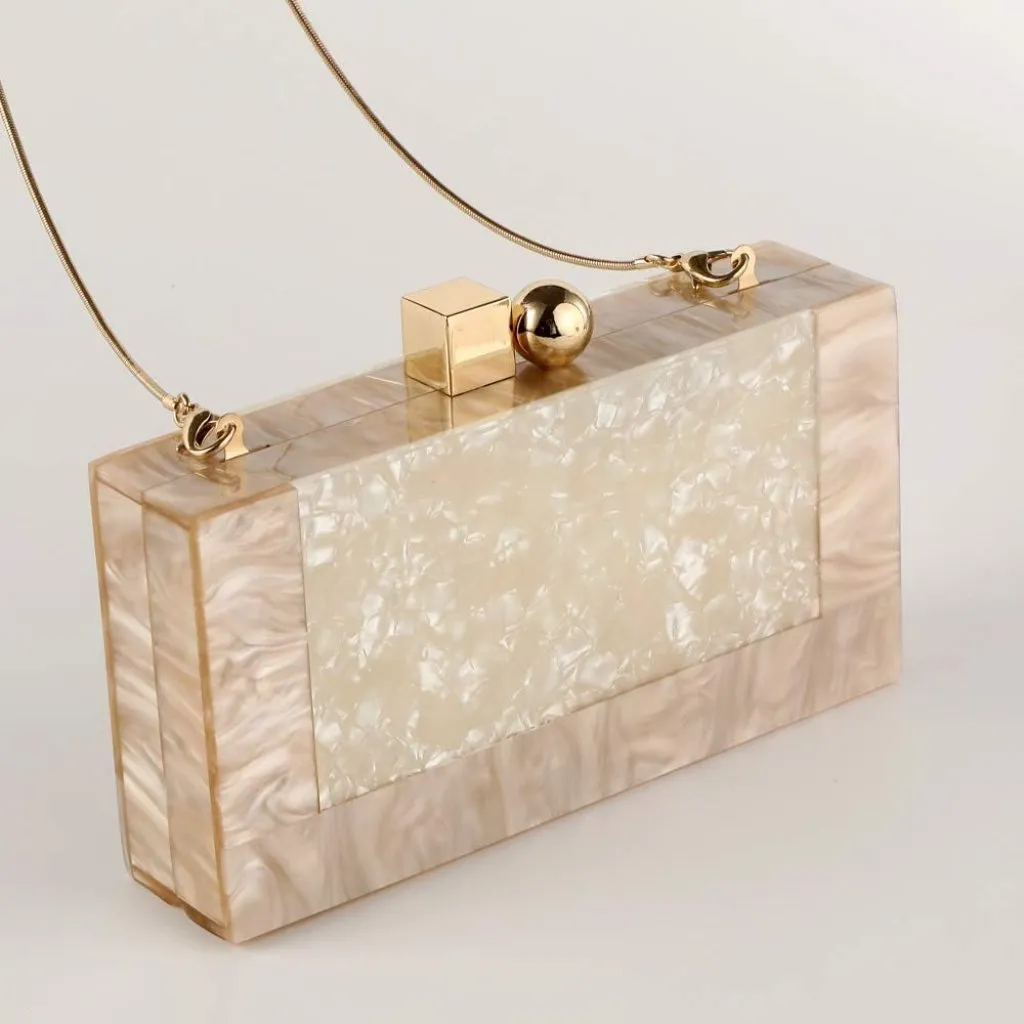 ⚡ Women's Acrylic Evening Glitter Marble Metal Clasp Cream Clutch Handbag - Image 2