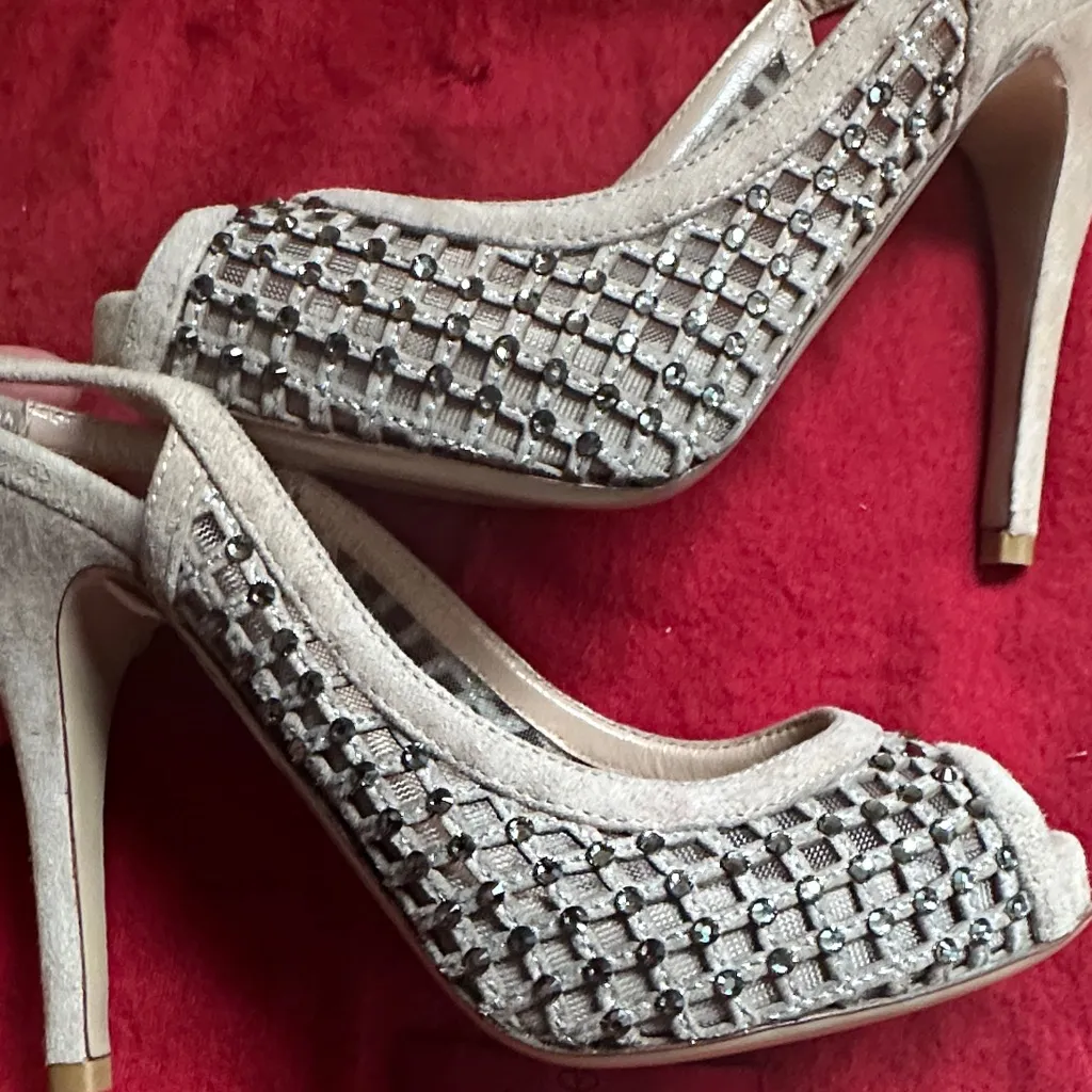 Valentino Beige Crystal Embellished Suede and Mesh Peep Toe Slingback Pumps - Image 6