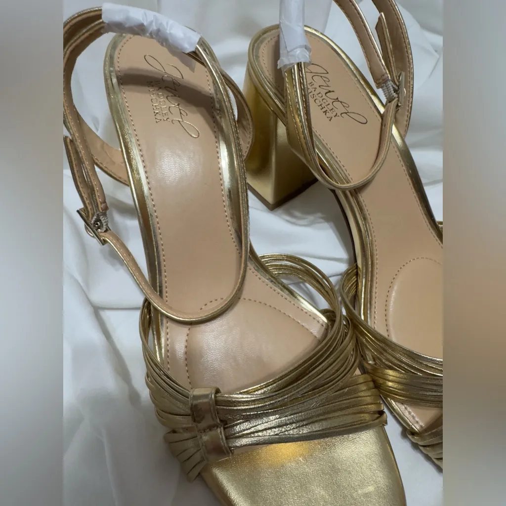 New Jewel Badgley Mischka Michelle Metallic Strappy Block Heels Size 6 Gold - Image 7