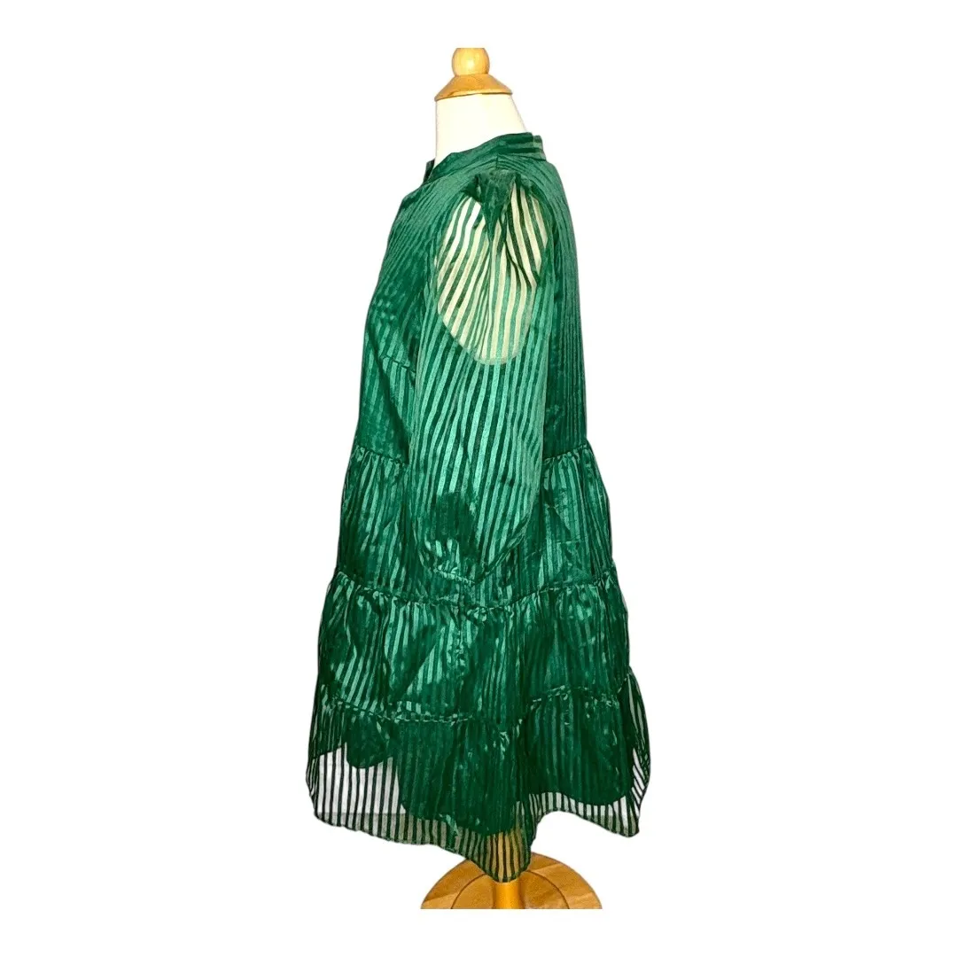 Crown & Ivy Shadow Stripe Tiered Mini Dress‎ Sheer Sleeve Party Green Size Large - Image 10