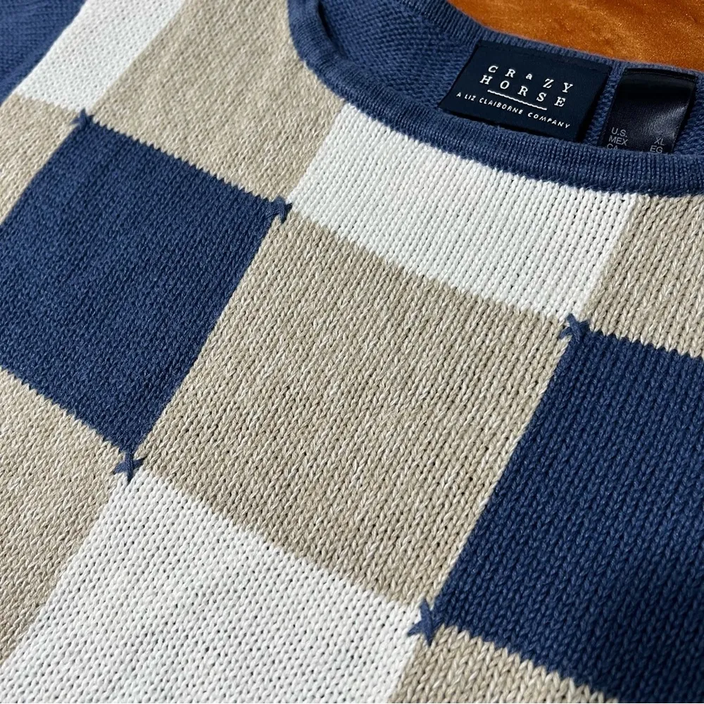 Crazy Horse Liz Claiborne Checkerboard knit crewneck sweater XL Blue white patch - Image 2