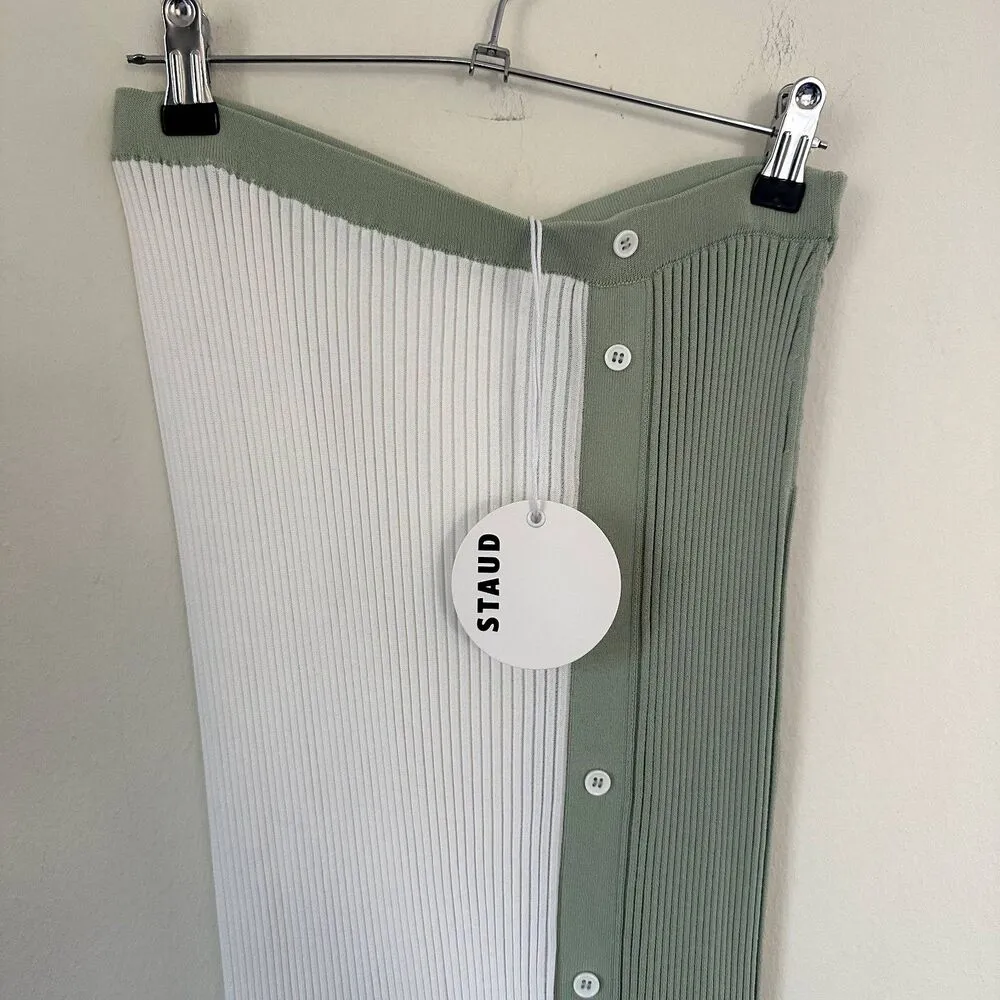 NEW Staud Ribbed Colorblock Midi Bodycon Skirt in Green/Cream - Image 2