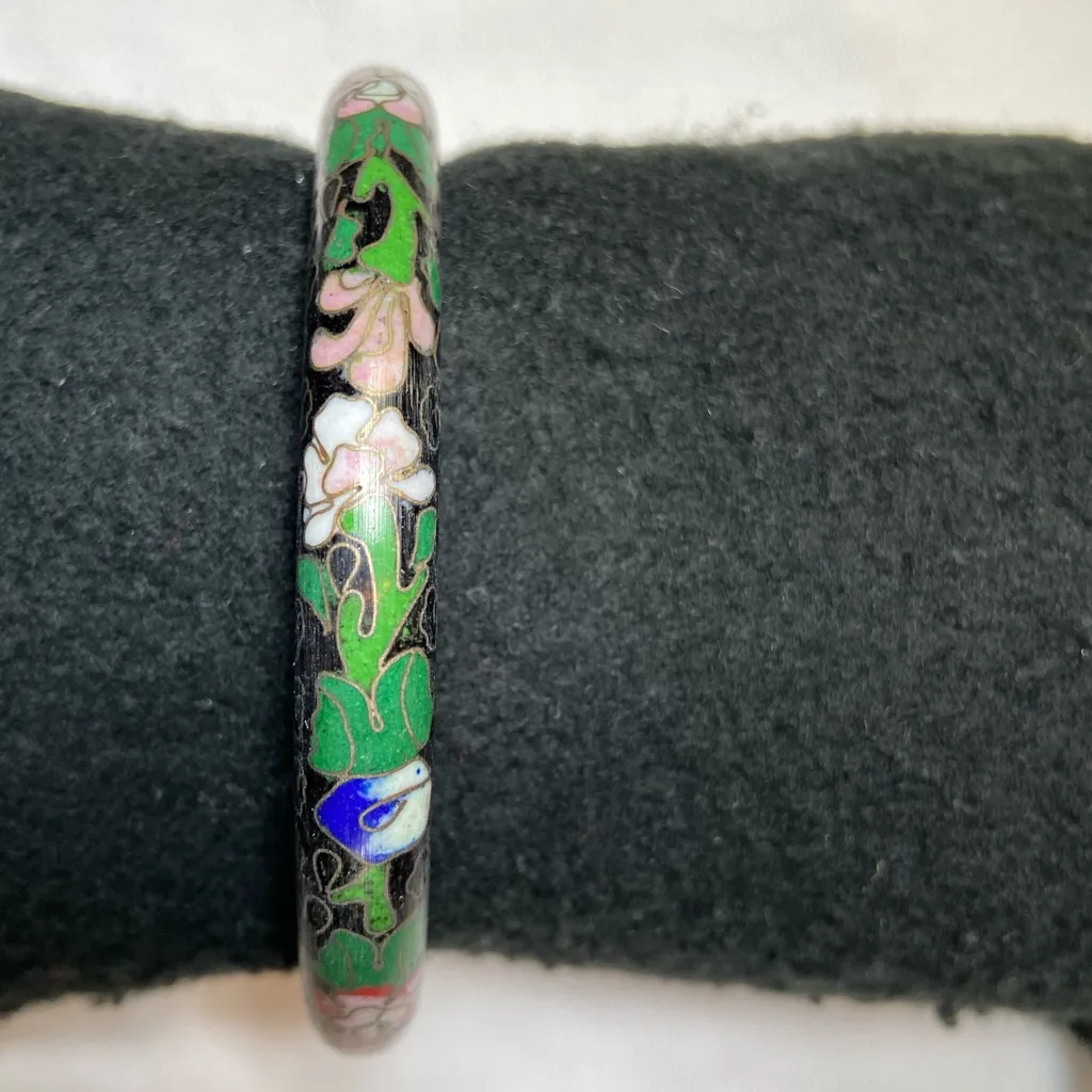 Vintage Black Cloisonne Enamel Bangle Bracelet‎ Gold outlines the flowers Pink - Image 2