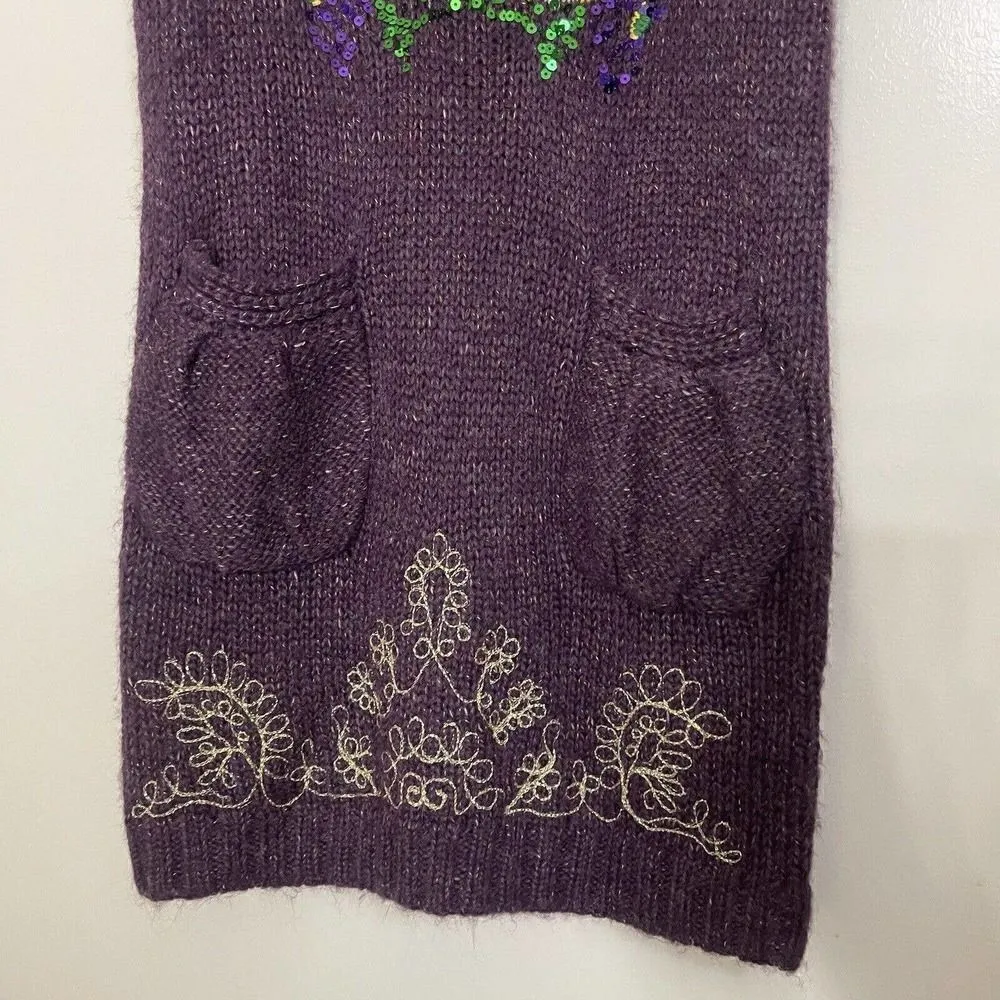 DESIGUAL purple knit acrylic wool floral embroidered sequin vest tunic sweater S - Image 3