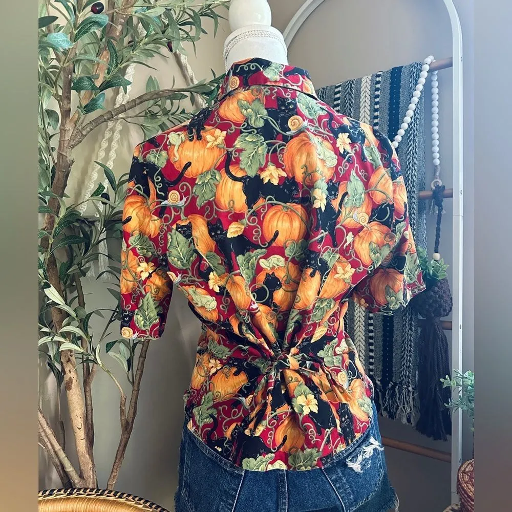 VintageāHandmade Halloween Whimsical Pumpkin Black Cat Frog Button Up Shirt Red Size M - Image 5