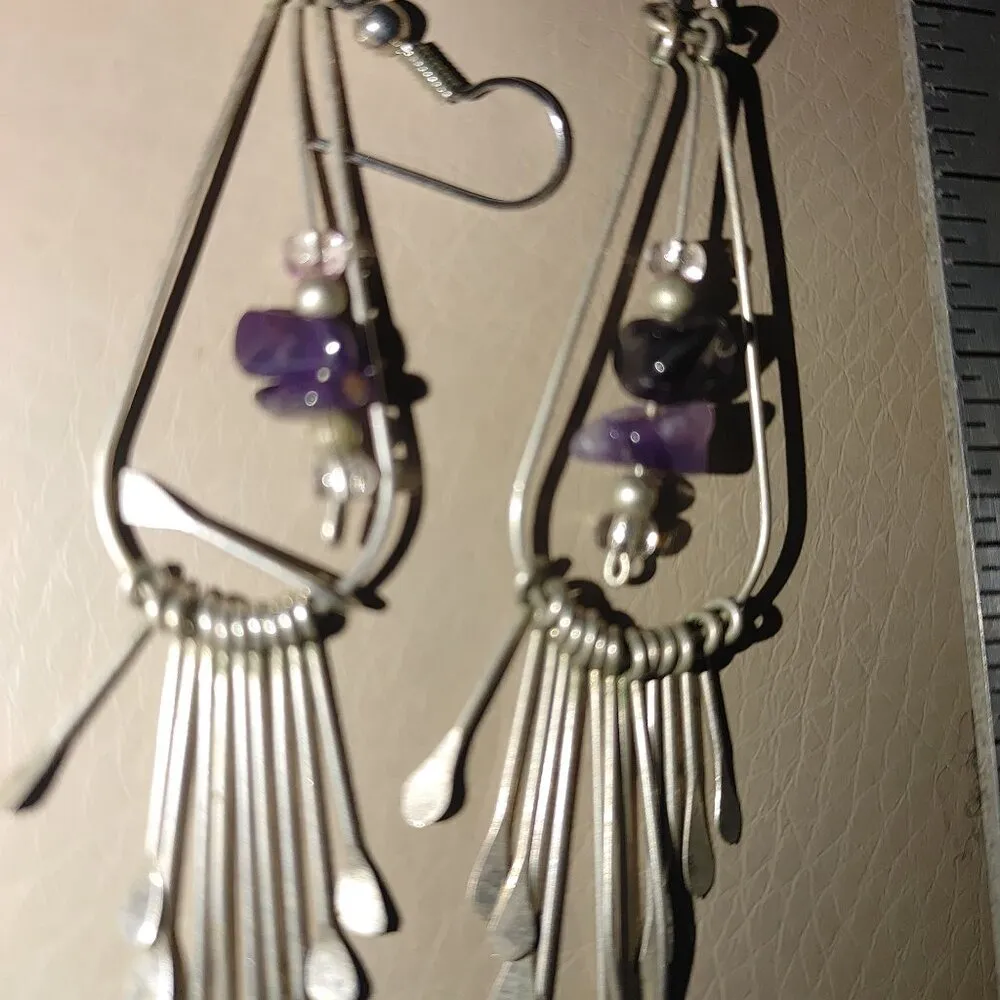 Long Vintage Silver Dangle Earrings Purple Amethyst Pearl Beads Fringe - Image 2