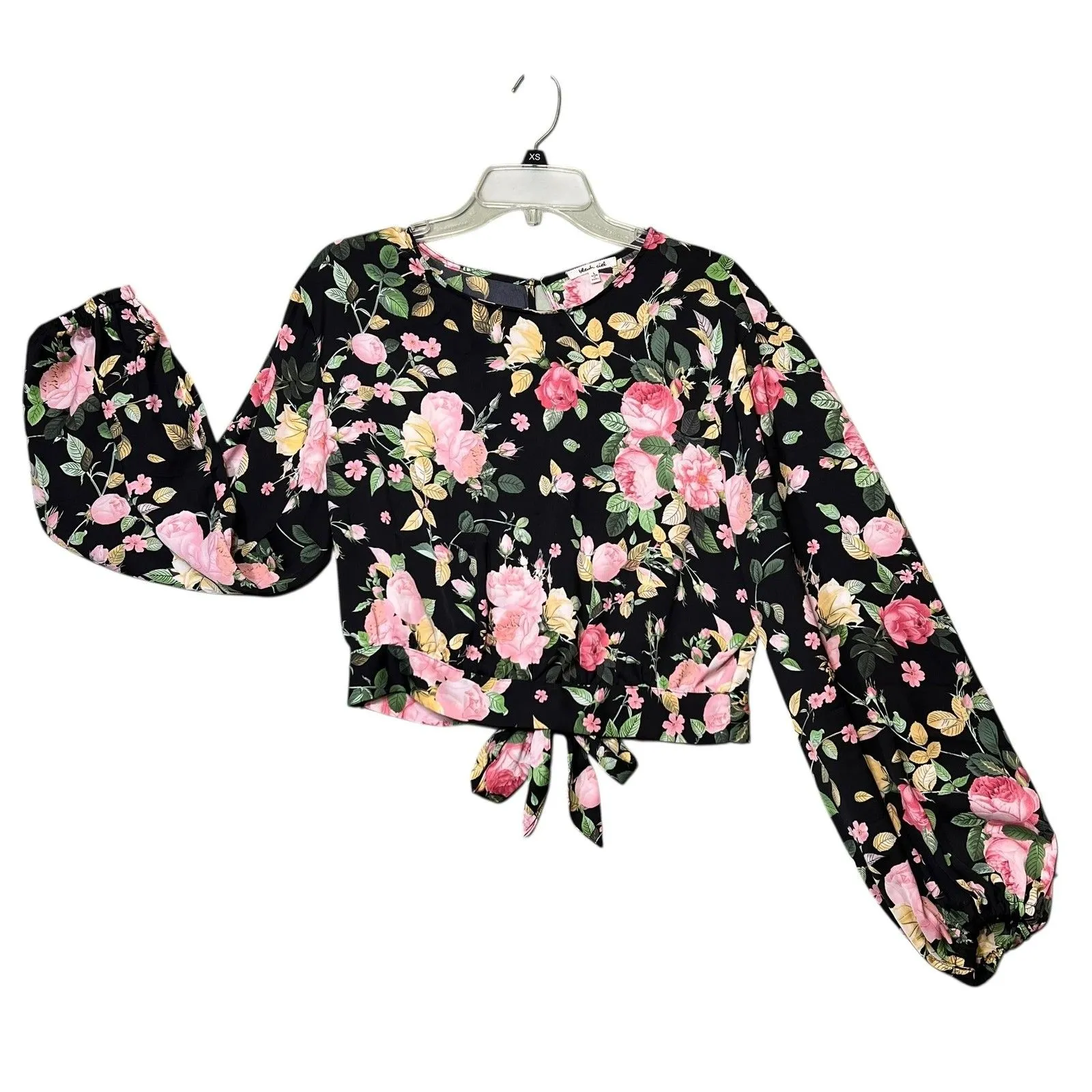 Bleuh Ciel Shirt Womens Large Black Floral Tie Front Balloon Sleeve Blouse Boho - Image 2