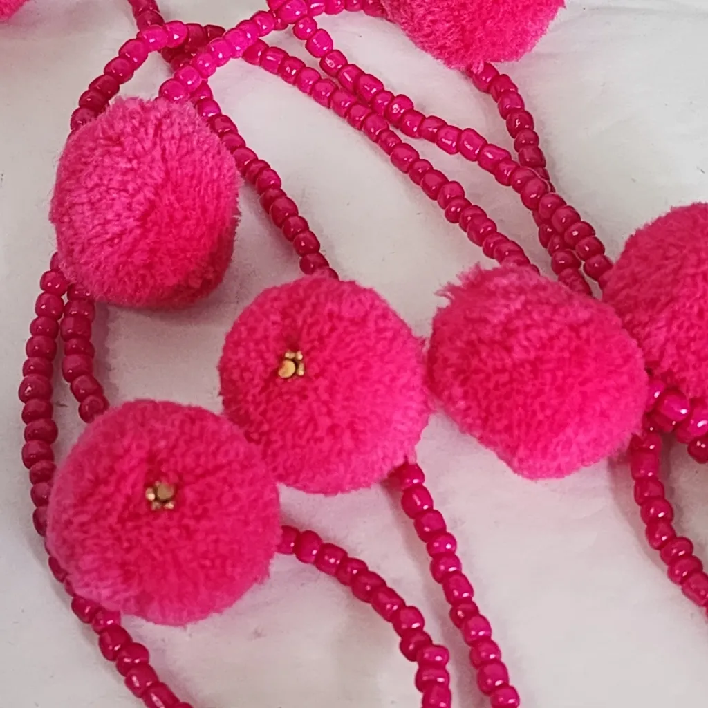 Barbie Pink Color PomPom and Stone Bead Necklace Earrings Set - Image 7