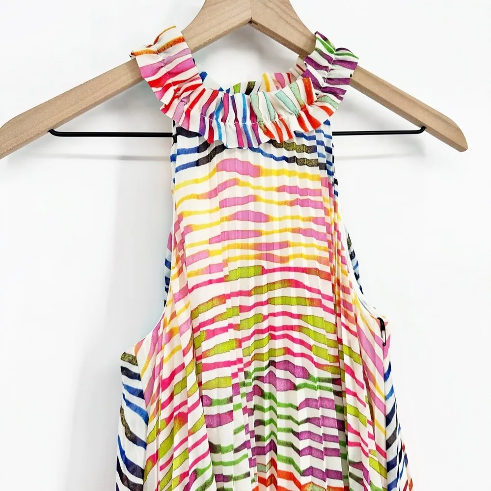 NEW Amur Estfan Pleated Ruffled Printed Mini Dress in Double Rainbow Women's 0 - Image 4