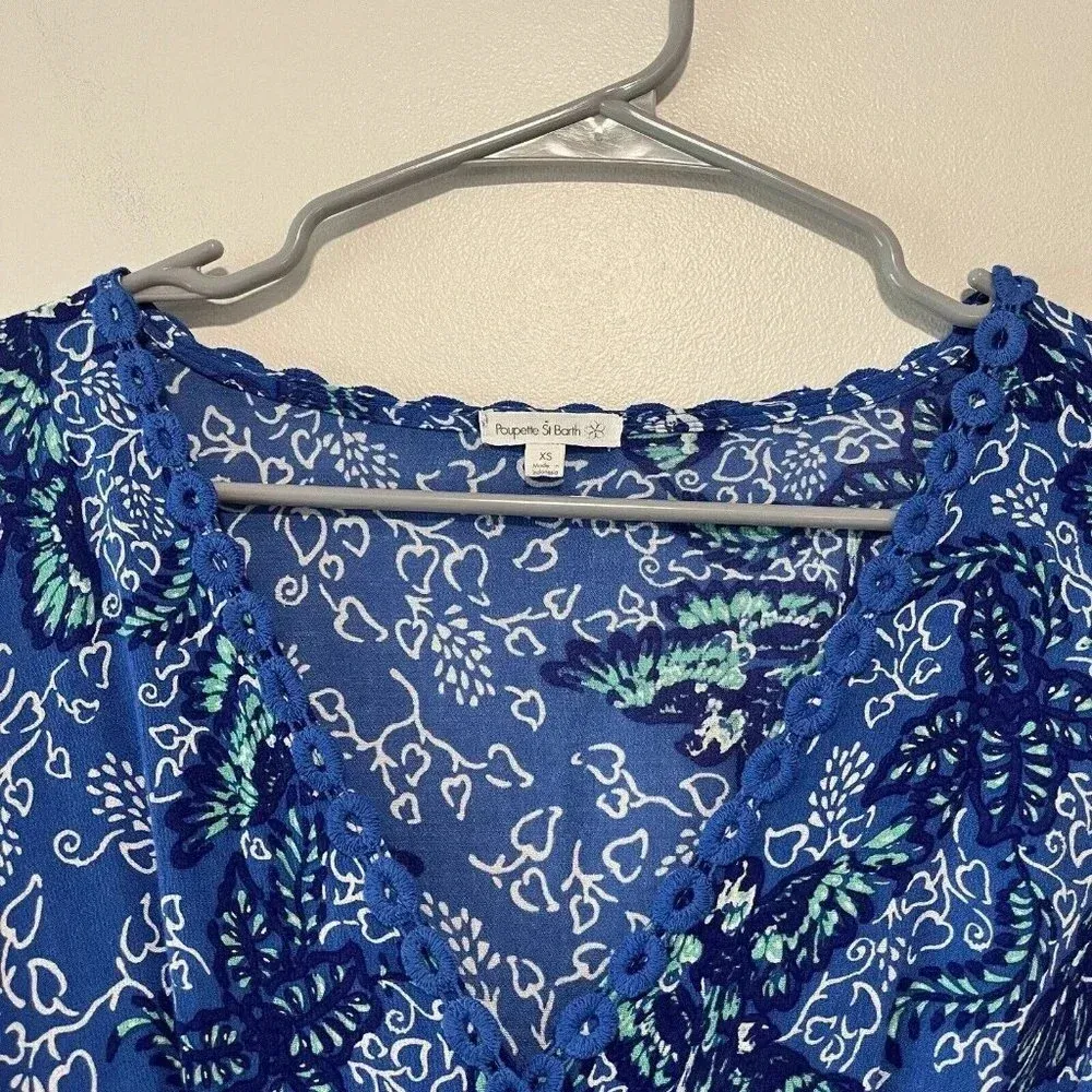 Poupette St Barth Joan Maxi Crochet Waist Dress‎ in Blue Malva Bird Print XS - Image 6