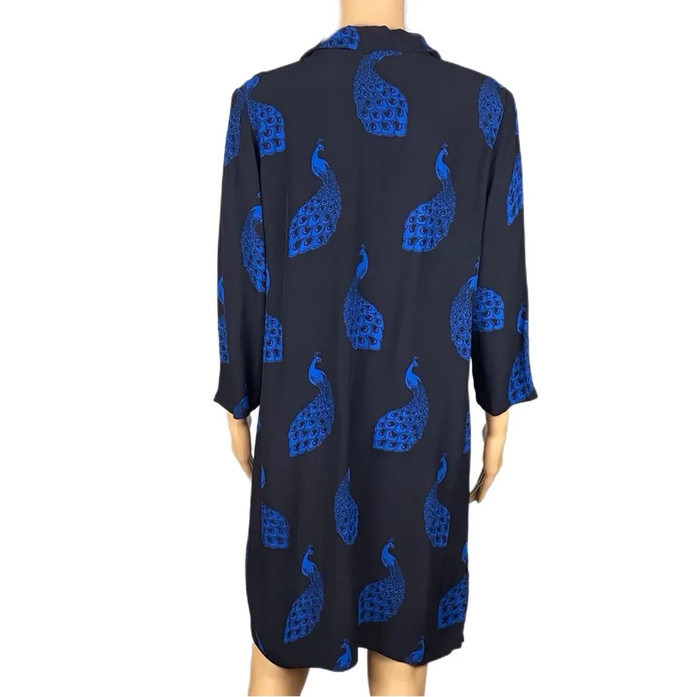 ANN TAYLOR black shirt dress with royal blue peacocks throughout Size Medium EUC - Image 9