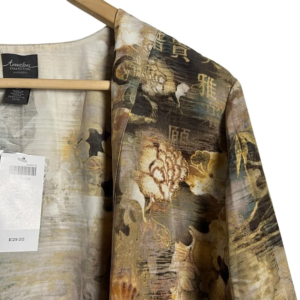 Chico’s Travelers Asian Printed Brown 3/4 Sleeve Duster Jacket Size 12 - Image 6