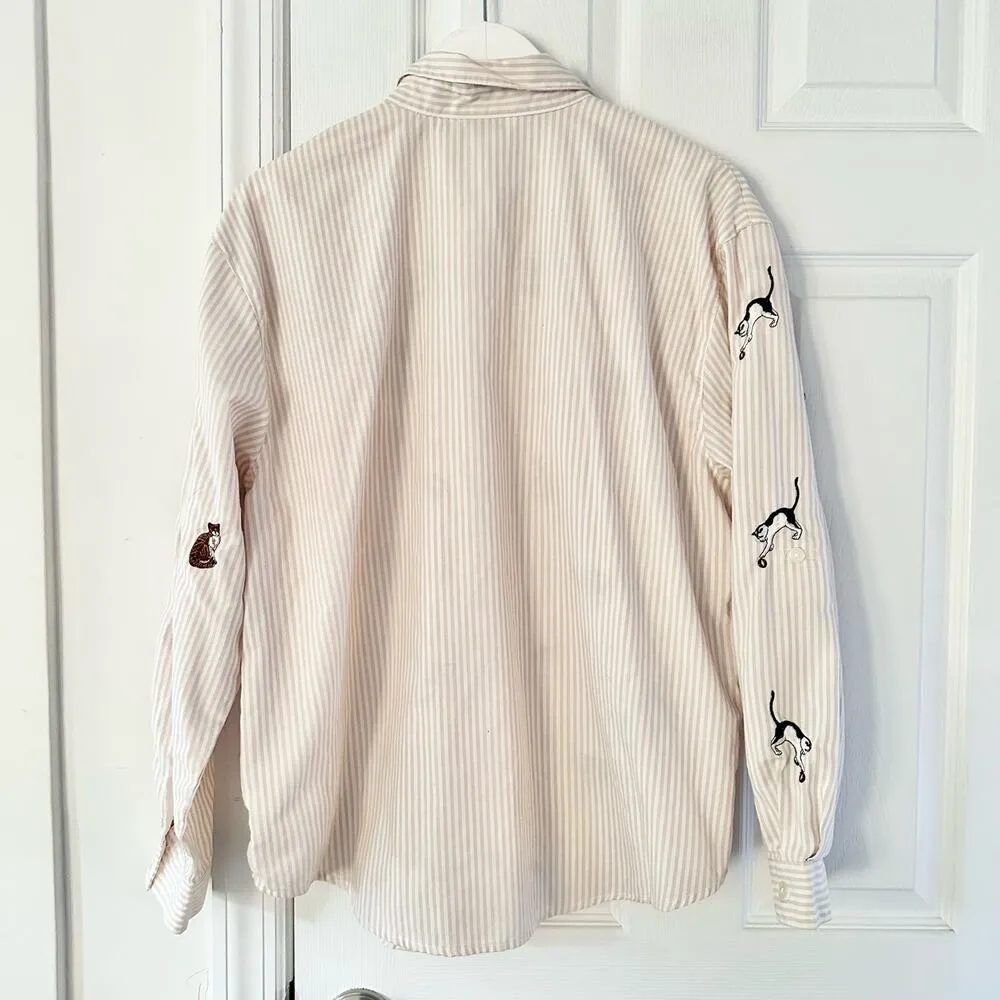 Teddi Vintage Beige White Seersucker Stripe Buttondown Embroidered Cats Large - Image 9