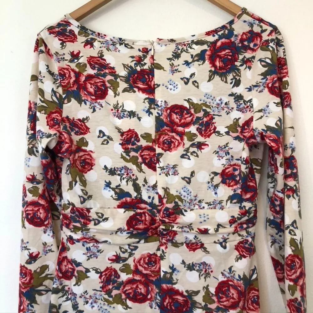 NEW NWT MEAVEOR Beige White Red Blue Floral Polka Dot Faux Wrap Dress Medium M - Image 10