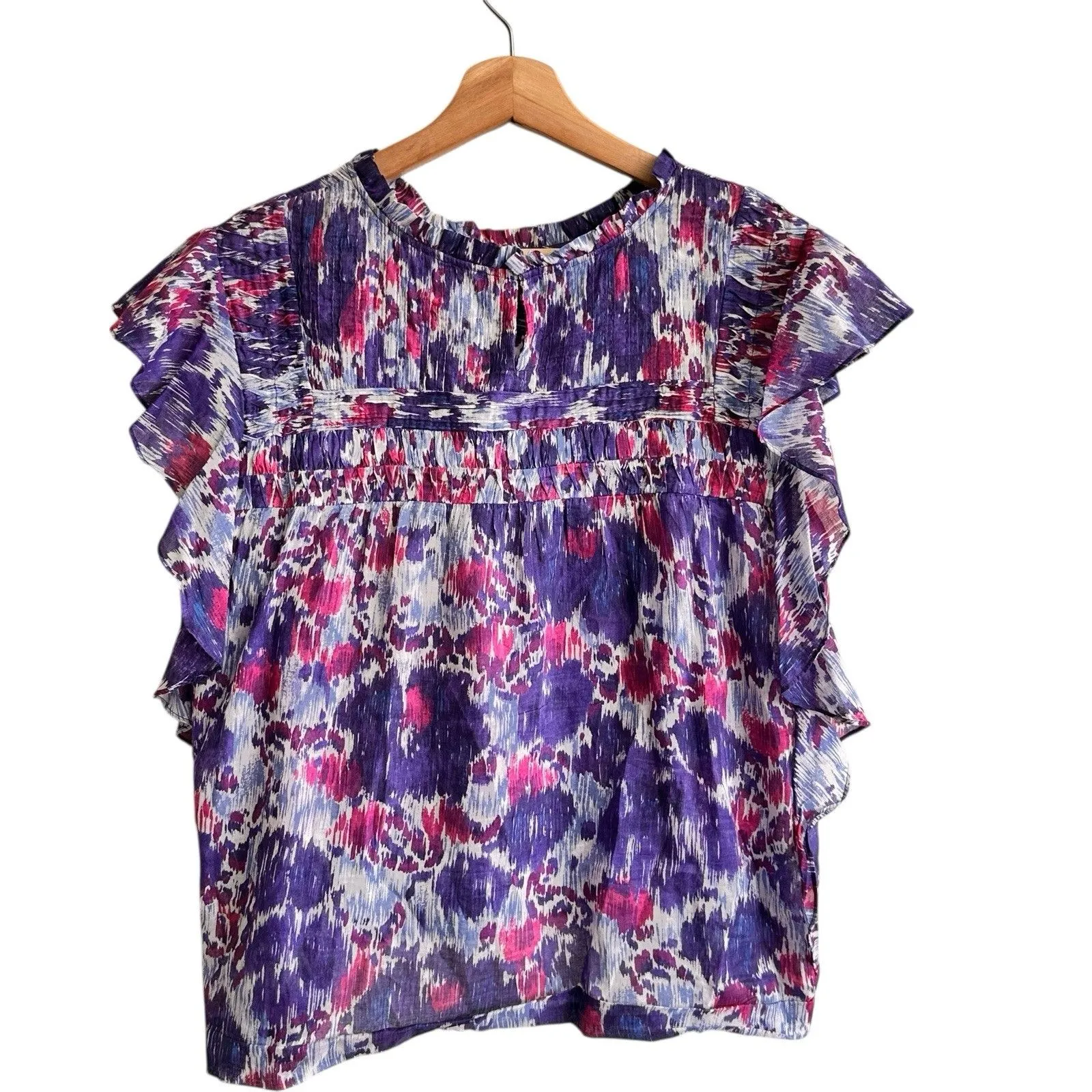 ISABEL MARANT ÉTOILE Layona Floral Ikat Flutter Cotton Ruffle Blouse Size 38 M - Image 3