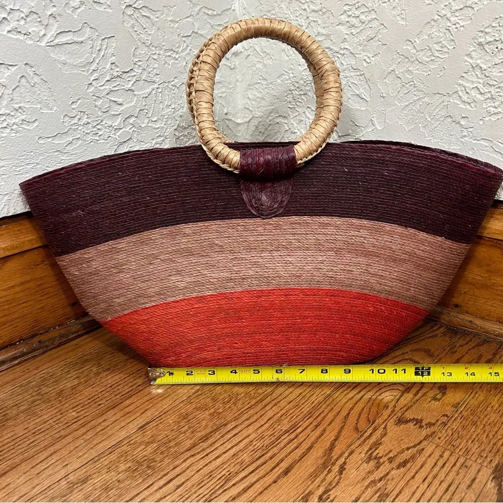 Woven Stripped Straw Tote Bag Red - Image 5