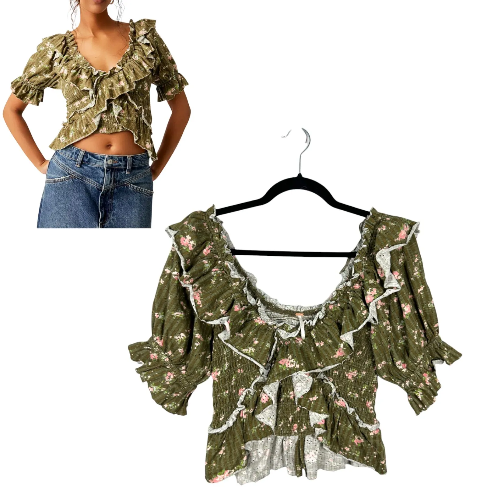 Free People Favorite Girl Top Green Floral Cropped Cottage Boho Ruffle Small - Image 2