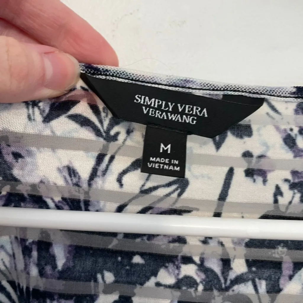 SIMPLY VERA VERA WANG Shadow Stripe Midi Dress Cream ? Navy Blue Purple Floral M - Image 5