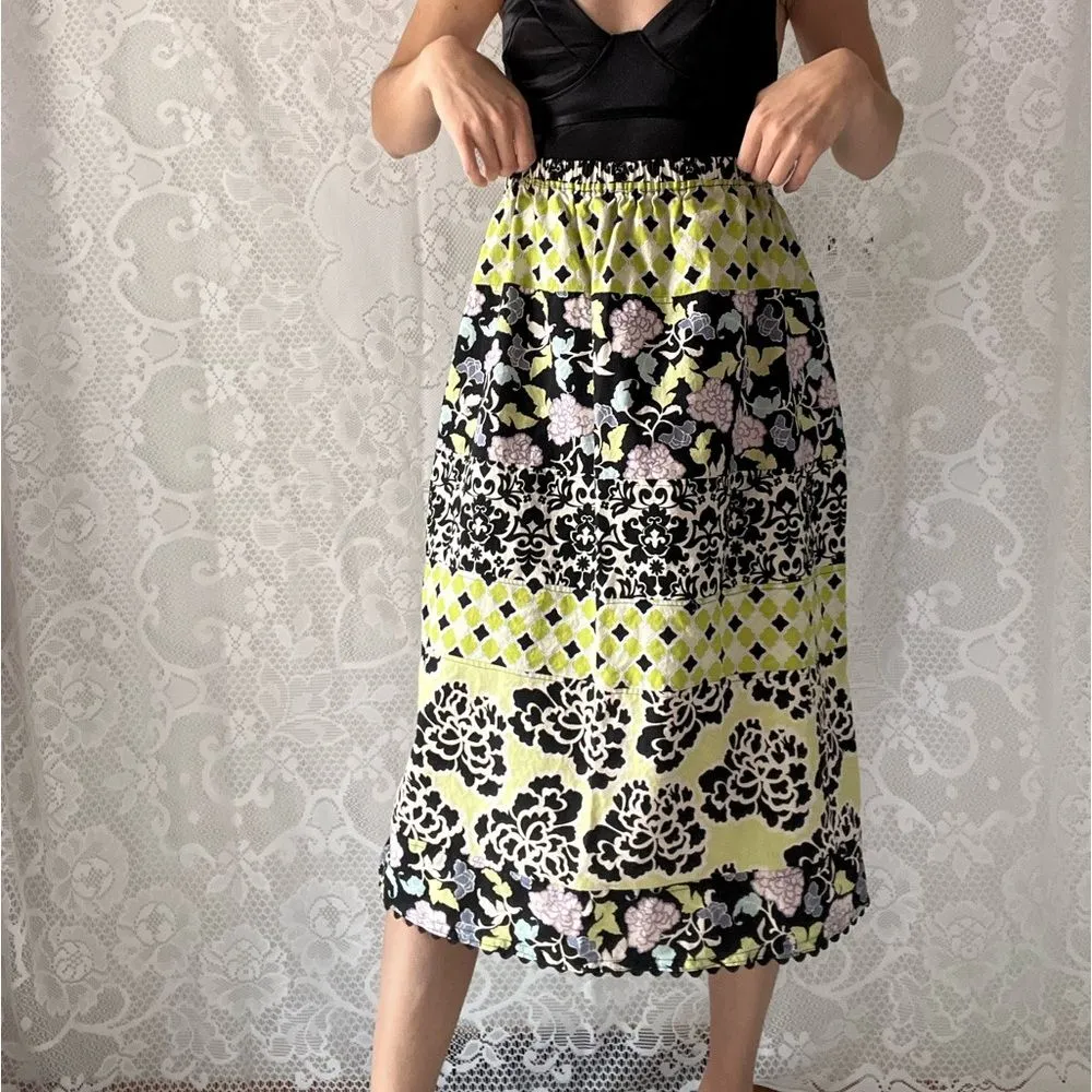 Handmade Multipattern Tiered Purple & Green & Black Elastic Waist MIDI Skirt Size undefined - Image 8