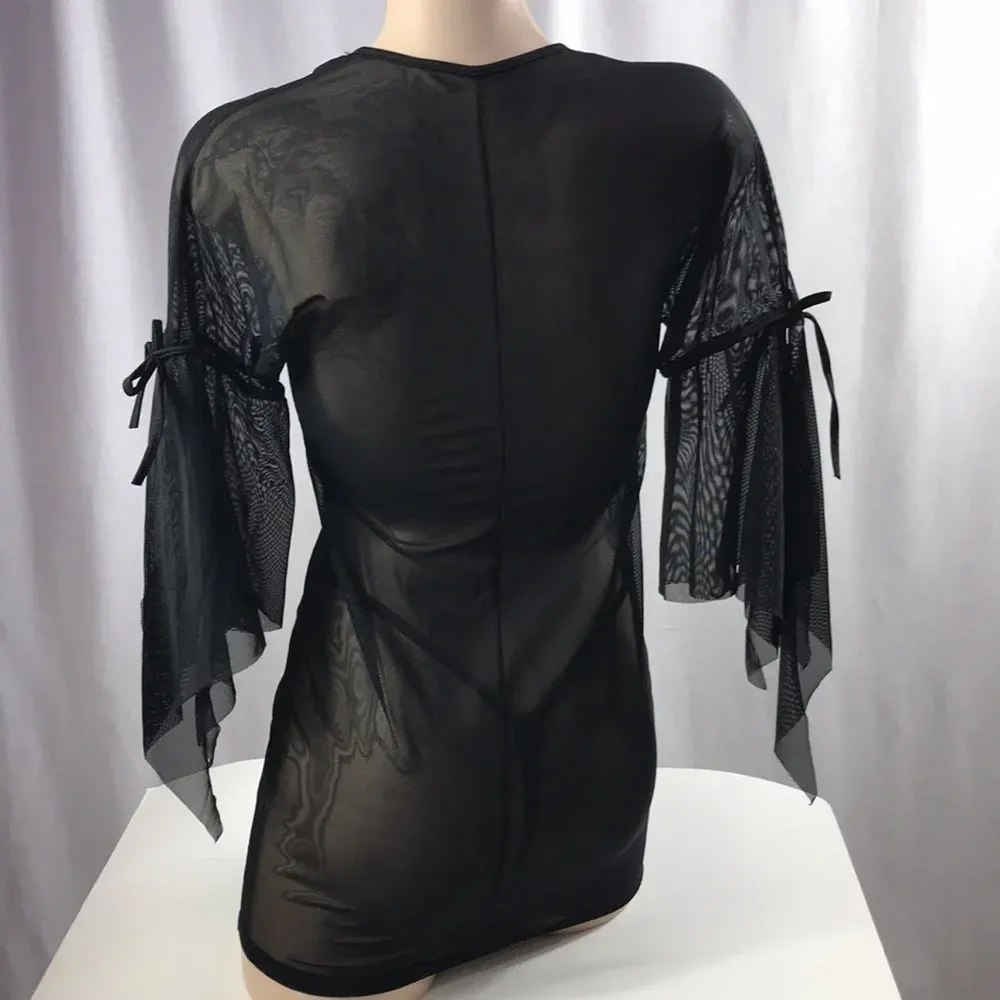 Zuliana Size Large Mesh Flowy Sleeve With Ribbon Ties Dress. Made in USA. New Black - Image 3