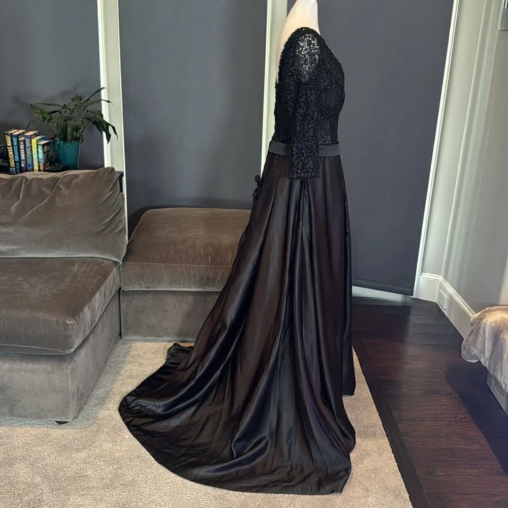 Women’s Black Satin 3/4 Sleeve Sparkly Sheer Bodice Formal Dress LegSlit Size 12 - Image 3