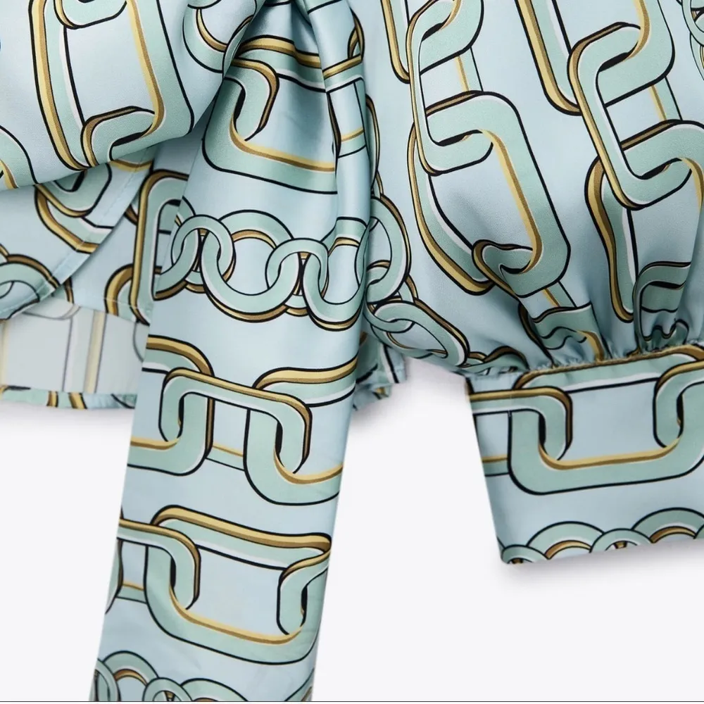 Zara New Sky Blue Chain‎ Print Long Balloon Sleeves Wrap Shirt Size L Holiday - Image 12
