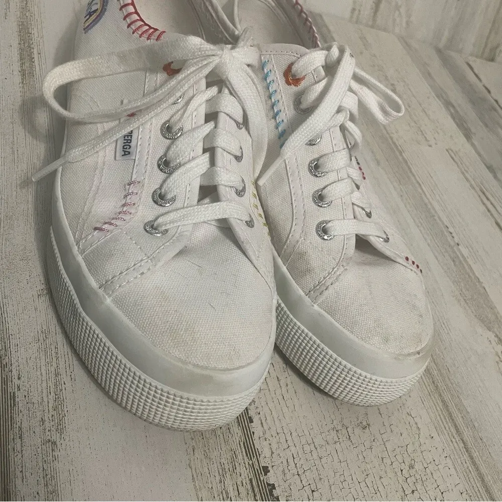 Superga 2740‎ Happy Logo Colorful Embroidered Platform Sneakers White size 7.5 - Image 4