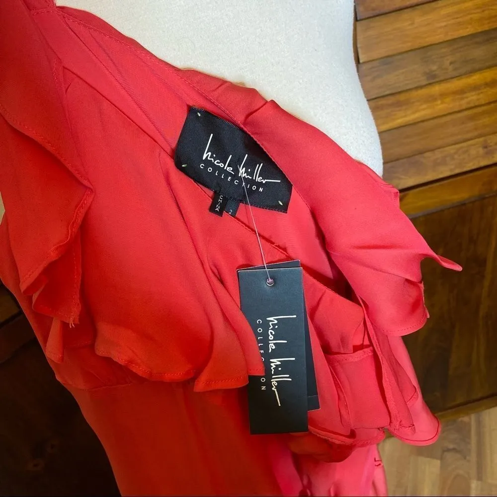 Nicole Miller Collection Silk Flutter Sleeve Coral Dress - Image 9