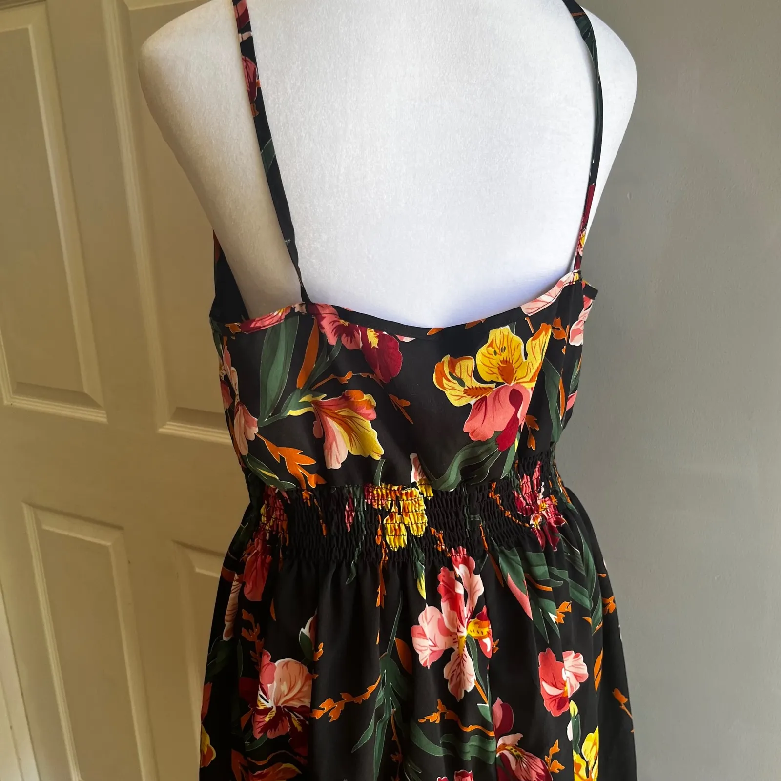Floral Print Midi‎ Dress Black Sleeveless Smocked Waist Casual Summer - Image 7
