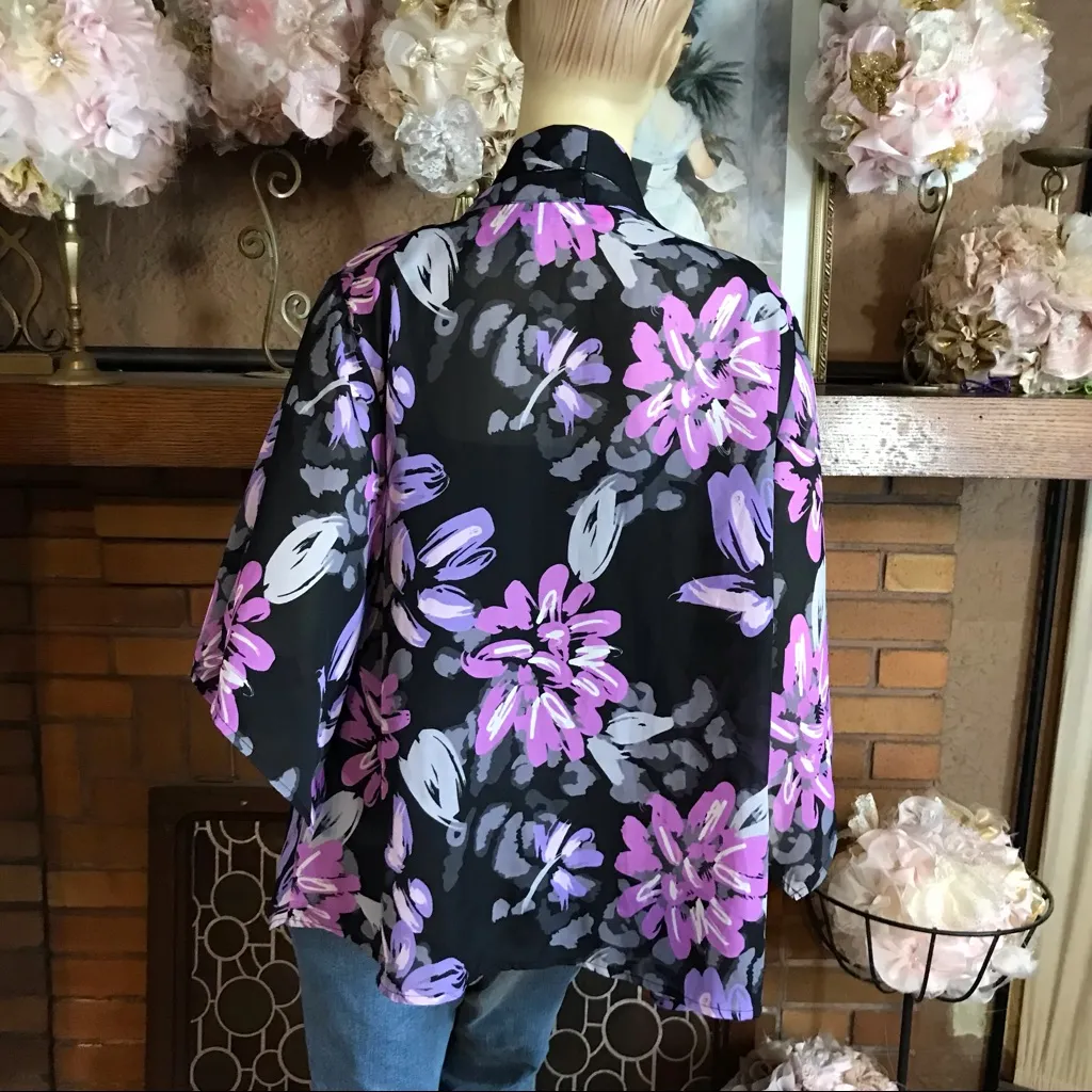 BLAIR PURPLE, BLACK & GRAY FLORAL PRINT KIMONO CARDIGAN (M) - Image 4