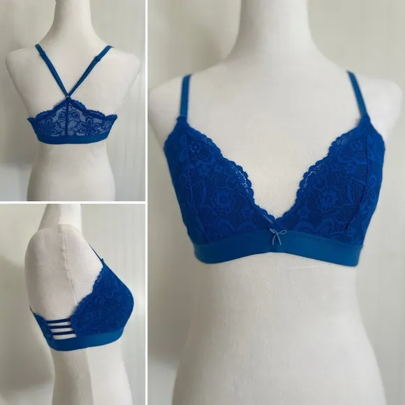 AERIE Lace Racerback Cross Back Lined Bralette Bra Lingerie Cobalt Blue Size M - Image 2