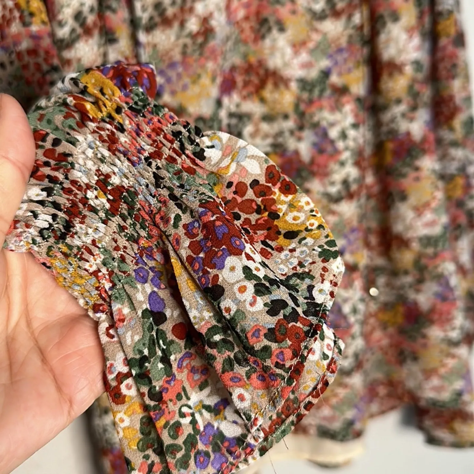 Entro Long Sleeve Top Blouse Fall Garden Ditsy Floral Feminine Tie Ruffle Collar - Image 3