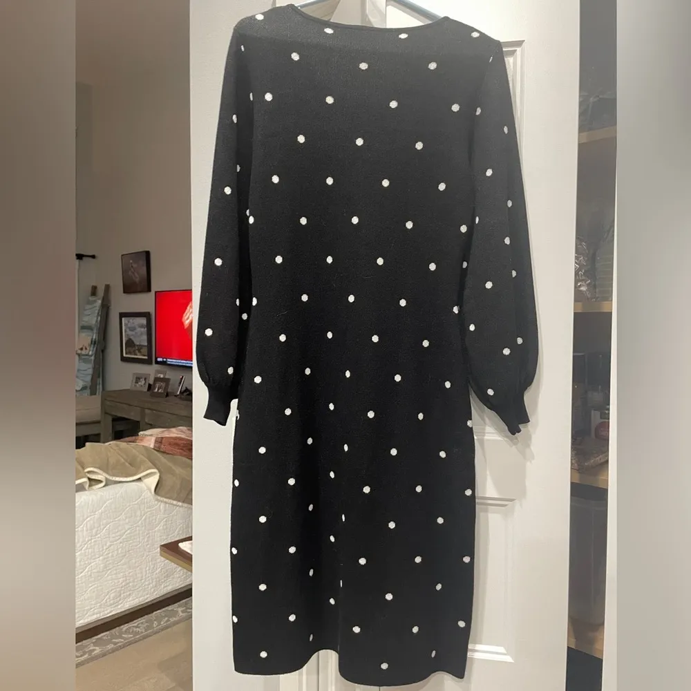 Nina Leonard Black and White Polka Dot Sweater Dress with Bishop Sleeves Small - Image 2