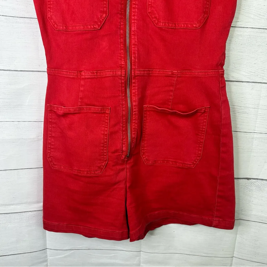 Free People Crvy size 10 Formula One Red Denim Zip Up Lennox Romper Shortsuit - Image 5