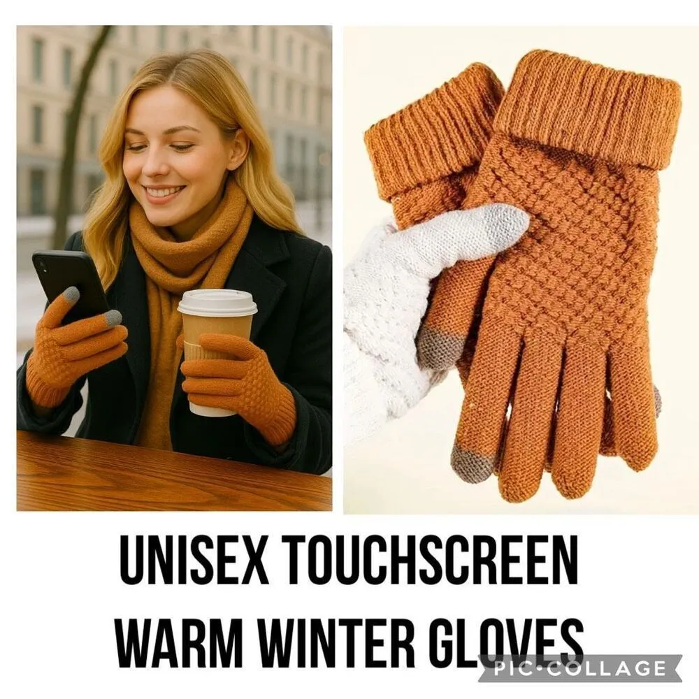 Touchscreen Gloves Unisex Burnt Orange Knit Winter - Image 2